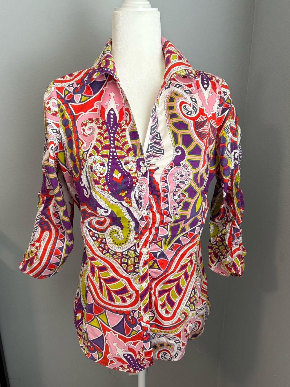 LAFAYETTE 148 New York Bright Paisley Button Shirt Pink, Red, Purple Blouse Top - Picture 4 of 16